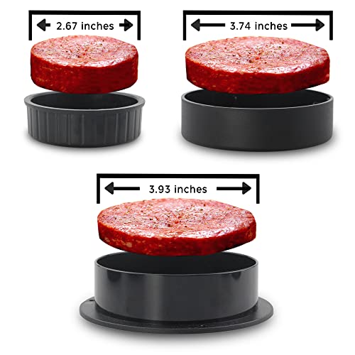 enter  3 Sizes in 1 Stuffed Burger Press,Hamburger Patty Maker Rings Molds with 100pcs Burger Papers,Set of 2