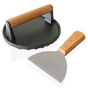 round cast iron bacon press 2.4 lbs weight comes complete with spatula, grill press with beech wood handle ideal for bacon, burger, sandwich and steak