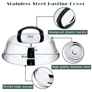 9In Cheese Melting Dome, HaSteeL 4Pcs Stainless Steel Round Basting Cover, Lightweight Steam Cover Lid with Plastic Handle, Durable for Kitchen Flat Top Griddle Grill Indoor & Outdoor, Easy to Clean