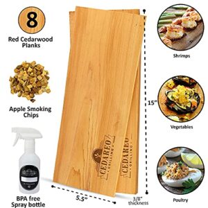 Grilling Planks Set - 8 Natural 100% Cedar Boards, Amazing Cedar Aroma, For Salmon, Shrimp, Fish, Vegetables, Apple Chips For Smoking, Cocktail Drinks, & Non-BPA Spray Bottle, Gift Set For BBQ Master