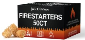 j&r outdoor 50pc fire starter pack, extended burn time firestarters for indoor and outdoor uses, firestarters for fireplace, campfires, grilling, wood stoves, no odor and water resistant