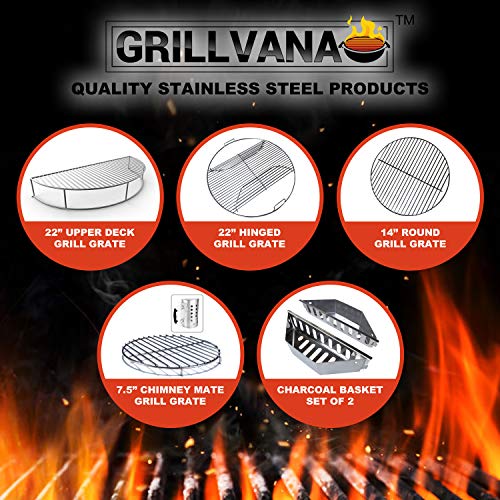 GRILLVANA 22 Inch 201 Stainless Steel Hinged Grilling/Cooking Replacement 22” grill grate - Compatible with Weber 22" Charcoal Grills - Kettle Charcoal BBQ Grilling Accessories