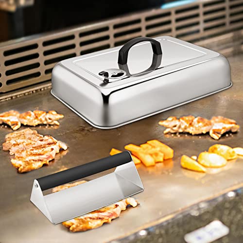 Leonyo Rectangular Basting Cover with Vent & Burger Press, 13 x 9 Inch Heavy Duty Melting Dome Lid with Adjustable Vent, 8.2 x 4.2 Inch Smash Bacon Grill Press for Flat Top Griddle BBQ Buffet Steaming