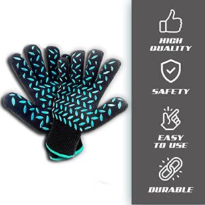 Heat Resistant Gloves Oven Gloves Heat Resistant Black BBQ Gloves for Grilling BBQ Gloves Heat Resistant Cooking Heat Resistant Gloves Kitchen Heat Gloves High Temp Grill Gloves with Green Silicone