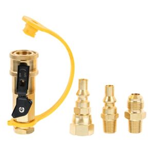 1/4” rv quick connect propane adapter shutoff valve and full flow plug kit, with 3/8” male flare fitting to quick-release connection for pressure regulator or hook rv hose pipe lines, gas bbq grill