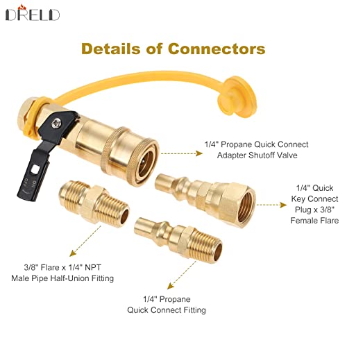 1/4” RV Quick Connect Propane Adapter Shutoff Valve and Full Flow Plug Kit, with 3/8” Male Flare Fitting to Quick-Release Connection for Pressure Regulator or Hook RV Hose Pipe Lines, Gas BBQ Grill