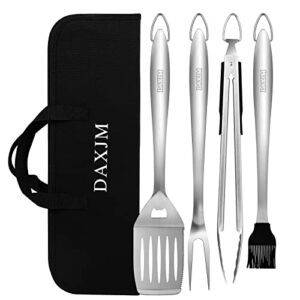 daxjm barbecue tool sets 4pcs, premium stainless steel bbq tongs, spatula, fork and brush grill accessories kit for indoor outdoor bbq