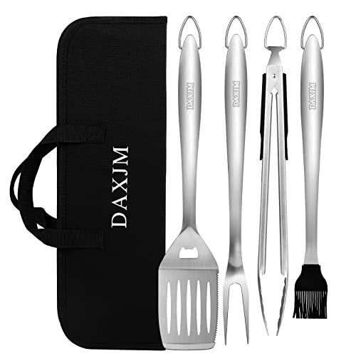 DAXJM Barbecue Tool Sets 4Pcs, Premium Stainless Steel BBQ Tongs, Spatula, Fork and Brush Grill Accessories Kit for Indoor Outdoor BBQ