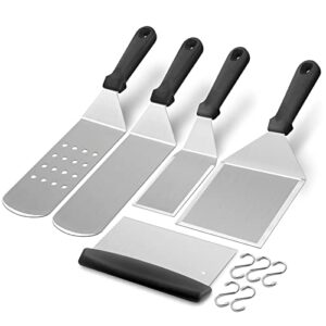griddle accessories kit of 5, hasteel heavy duty metal spatula, professional stainless steel flat top griddle tools set, pancake flipper/griddle scraper/hamburger turner for bbq grilling cast iron