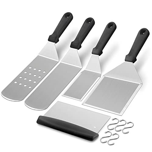 Griddle Accessories Kit of 5, HaSteeL Heavy Duty Metal Spatula, Professional Stainless Steel Flat Top Griddle Tools Set, Pancake Flipper/Griddle Scraper/Hamburger Turner for BBQ Grilling Cast Iron