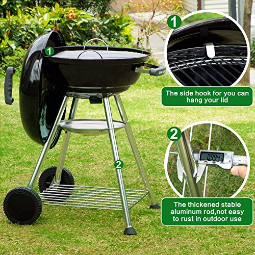 BEAU JARDIN Premium 18 Inch Charcoal Grill for Outdoor Cooking Barbecue Camping BBQ Coal Kettle Grill Tailgating Portable Heavy Duty Round with Thickened Grilling Bowl with Wheels BG231