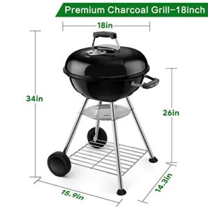 BEAU JARDIN Premium 18 Inch Charcoal Grill for Outdoor Cooking Barbecue Camping BBQ Coal Kettle Grill Tailgating Portable Heavy Duty Round with Thickened Grilling Bowl with Wheels BG231