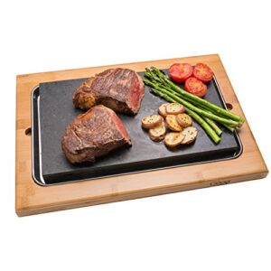 Cooking Stone- Extra Large Lava Hot Stone Tabletop Grill Cooking Platter and Cold Lava Rock Indoor BBQ Hibachi Grilling Stone (12.5" x 7.5") w Bamboo Platter