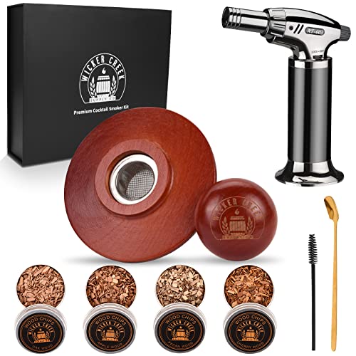 Wicker Creek Supply Cocktail Smoker Kit - Whiskey, Bourbon, or Old Fashioned Smoker Kit with 4 Wood Chips for Cocktail Smoker, Drink Smoker with Lid, Torch, Spoon, Brush - Packed in Magnetic Box (No Butane)