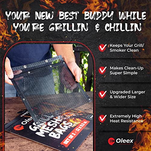 Oleex Non-Stick Large BBQ Grilling Bags + Basting Brush - Reusable PTFE Mesh Indoor Outdoor Charcoal Barbecue Grill Bag Accessories, Heat-Resistant Up to 500 F, Easy to Clean, Dishwasher-Safe