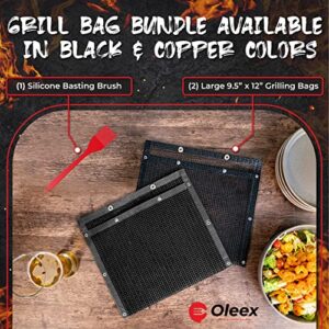 Oleex Non-Stick Large BBQ Grilling Bags + Basting Brush - Reusable PTFE Mesh Indoor Outdoor Charcoal Barbecue Grill Bag Accessories, Heat-Resistant Up to 500 F, Easy to Clean, Dishwasher-Safe