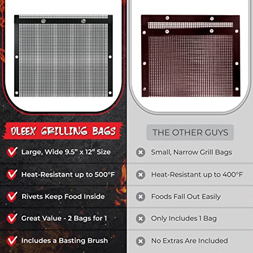 Oleex Non-Stick Large BBQ Grilling Bags + Basting Brush - Reusable PTFE Mesh Indoor Outdoor Charcoal Barbecue Grill Bag Accessories, Heat-Resistant Up to 500 F, Easy to Clean, Dishwasher-Safe