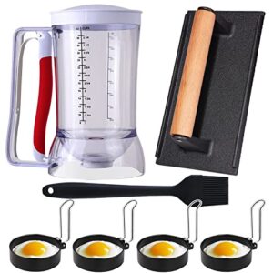 7 piece griddle breakfast kit for blackstone, griddle accessories set - included pancake batter dispenser, bacon press, egg rings, basting brush