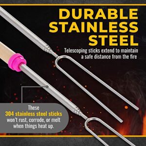 CORQUE Marshmallow Roasting Sticks, Smores Sticks, Extendable, Camping Skewer for Fire Pit, Wooden Handle, 32inch Metal for BBQ Hotdog, Cooking, Campfires, Bonfires, Set of 8