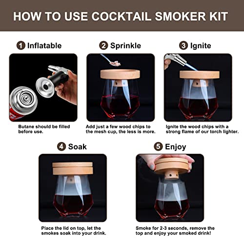 Cocktail Smoker Kit with Torch, Old Fashioned Smoker Kit with 4 Wood Chips for Bourbon Whiskey Smoker Kit, Birthday Whiskey Valentines Day Gifts for Him,Men,Dad,Husband(No Butane)