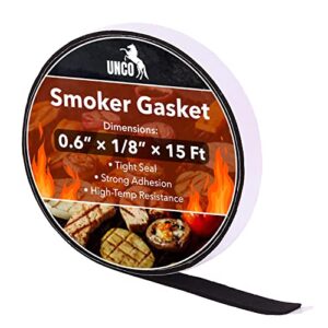 unco- smoker gasket, 15 ft, 0.6"x1/8", grill gasket, heat gasket, smoker heat tape, smoker gasket sealer high temp, kettle grill gasket, bbq gasket, high temperature gasket smoker, smoker door gasket