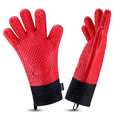 Comsmart BBQ Gloves, Heat Resistant Silicone Grilling Gloves, Long Waterproof BBQ Kitchen Oven Mitts with Inner Cotton Layer for Barbecue, Cooking, Baking, Smoker(Red)