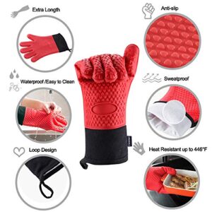 Comsmart BBQ Gloves, Heat Resistant Silicone Grilling Gloves, Long Waterproof BBQ Kitchen Oven Mitts with Inner Cotton Layer for Barbecue, Cooking, Baking, Smoker(Red)