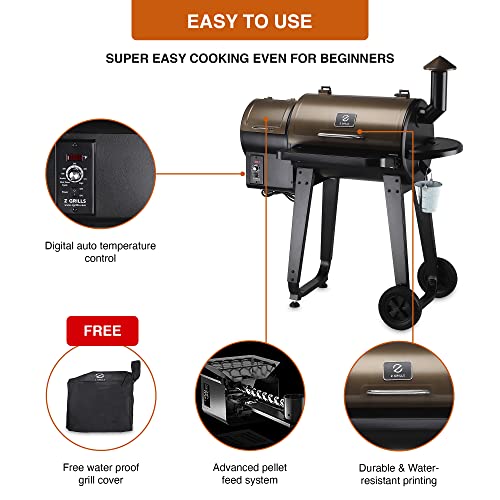 Z GRILLS ZPG-450A 2022 Upgrade Wood Pellet Grill & Smoker 6 in 1 BBQ Grill Auto Temperature Control, 450 Sq in Bronze