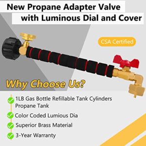 Updated Propane Fitting Refill Adapter Valve for 1LB Gas Bottle Refillable Tank Cylinders,QCC Valve Connector,Brass/Metal,CGA600 Valve Connector, 9"Adapter length, safety Propane Refill Adapter Valve