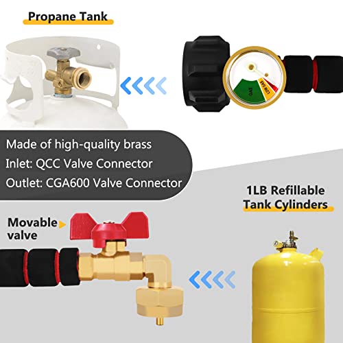 Updated Propane Fitting Refill Adapter Valve for 1LB Gas Bottle Refillable Tank Cylinders,QCC Valve Connector,Brass/Metal,CGA600 Valve Connector, 9"Adapter length, safety Propane Refill Adapter Valve