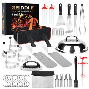 griddle accessories kit, 34pcs extra thick flat top griddle grill set for professional chef spatula grill bbq set,with oil brush, spatula,scraper, bottle, tongs,egg ring,for camping outdoor grill