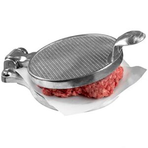 pro-grade burger press 4.5in. nonstick cast aluminum patty maker presses 1/4 lb ground beef or sausage patties. grill perfectly round hamburgers quick and easy. great for barbecues and meal prep