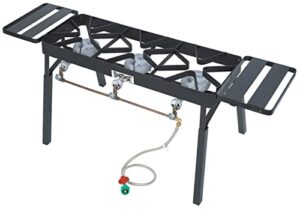 bayou classic tb650 triple burner outdoor patio stove features 13-in tall welded steel frame three 6-in high pressure burners brass manifold w/ three brass control valves
