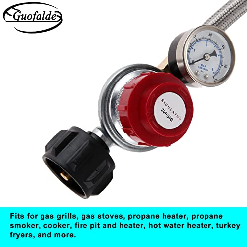 GUOFALDE 5 Ft 0-30 PSI High Pressure Adjustable Propane Regulator with Gauge, 60’’ Hose QCC1/Type1 to 3/8" Female Flare, for Turkey Fryer, Grill, Gas Burner, BBQ Fire Pit