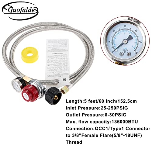 GUOFALDE 5 Ft 0-30 PSI High Pressure Adjustable Propane Regulator with Gauge, 60’’ Hose QCC1/Type1 to 3/8" Female Flare, for Turkey Fryer, Grill, Gas Burner, BBQ Fire Pit