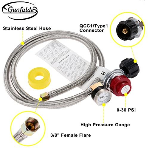 GUOFALDE 5 Ft 0-30 PSI High Pressure Adjustable Propane Regulator with Gauge, 60’’ Hose QCC1/Type1 to 3/8" Female Flare, for Turkey Fryer, Grill, Gas Burner, BBQ Fire Pit