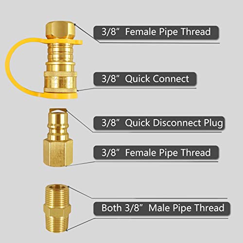 Xastro 3/8 Inch Natural Gas Quick Connect Fittings LP Gas Propane Hose Quick Disconnect Kit Propane Gas Grill Quick Connector Adapter Fitting with 3/8” Male Pipe NPT Thread x 3/8” Female Pipe Thread