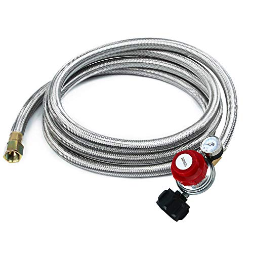 Adjustable Propane Regulator 0-30PSI High Pressure 5 FEET SS Braided Hose-Type1 (QCC1) and 3/8 Female Flare Swivel Fitting - with Gauge for Forge/Foundry, Food Truck, Fryer, Grill, Smoke