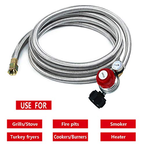 Adjustable Propane Regulator 0-30PSI High Pressure 5 FEET SS Braided Hose-Type1 (QCC1) and 3/8 Female Flare Swivel Fitting - with Gauge for Forge/Foundry, Food Truck, Fryer, Grill, Smoke