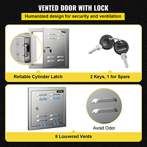 VEVOR Vented Access Door 12x12in Single Access Door with Vents, 304 Stainless Steel Outdoor Cooking Doors, Flush Mount Vented Utility Door with Lock, Beveled Frame Access for BBQ Island Grill Kitchen