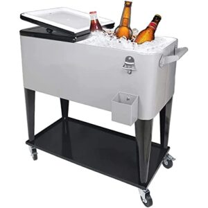 nattork 80 quart rolling cooler cart,portable wicker cooler trolley for outdoor patio deck party,beverage bar stand up cooler with wheels, ice chest with shelf, water pipe and bottle opener