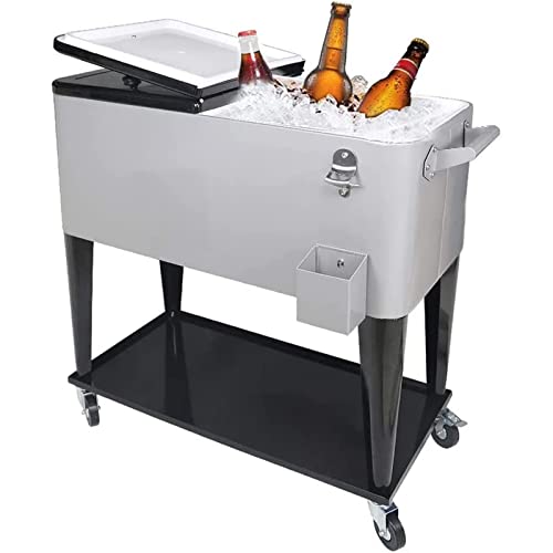 Nattork 80 Quart Rolling Cooler Cart,Portable Wicker Cooler Trolley for Outdoor Patio Deck Party,Beverage Bar Stand Up Cooler with Wheels, Ice Chest with Shelf, Water Pipe and Bottle Opener