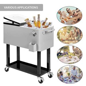 Nattork 80 Quart Rolling Cooler Cart,Portable Wicker Cooler Trolley for Outdoor Patio Deck Party,Beverage Bar Stand Up Cooler with Wheels, Ice Chest with Shelf, Water Pipe and Bottle Opener