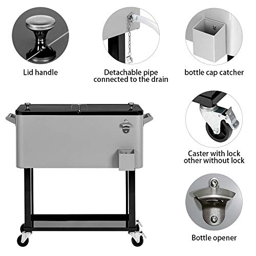 Nattork 80 Quart Rolling Cooler Cart,Portable Wicker Cooler Trolley for Outdoor Patio Deck Party,Beverage Bar Stand Up Cooler with Wheels, Ice Chest with Shelf, Water Pipe and Bottle Opener