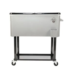 80 quart rolling drink cooler ice bin chest on wheels, portable patio party bar cart with shelf and bottle opener, gray