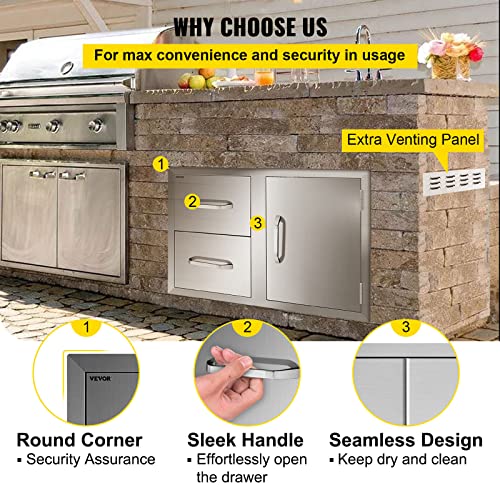 VBENLEM Outdoor Kitchen Drawers Combo 32.5x21.6 Inch Stainless Steel Access Door/Double Drawers with Paper Towel Rack for Outdoor BBQ Island & Kitchen