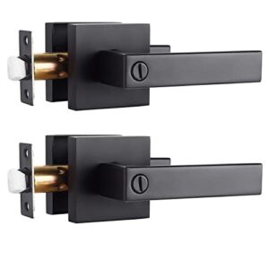 2 pack door lever with privacy lock square heavy door handle ideal for bathroom and bedroom matte black finish fits right and left handed doors