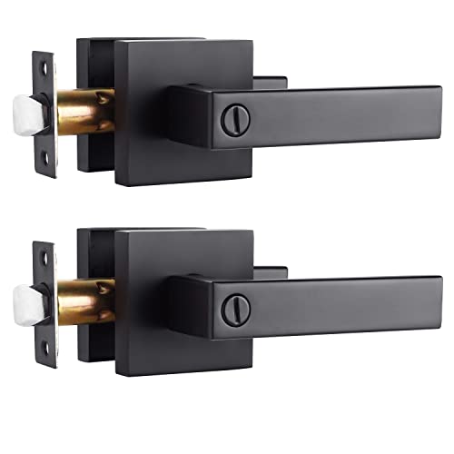 2 Pack Door Lever with Privacy Lock Square Heavy Door Handle Ideal for Bathroom and Bedroom Matte Black Finish Fits Right and Left Handed Doors