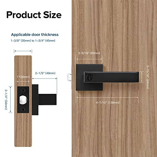 2 Pack Door Lever with Privacy Lock Square Heavy Door Handle Ideal for Bathroom and Bedroom Matte Black Finish Fits Right and Left Handed Doors