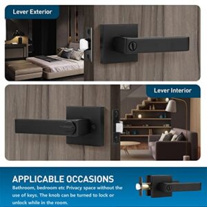 2 Pack Door Lever with Privacy Lock Square Heavy Door Handle Ideal for Bathroom and Bedroom Matte Black Finish Fits Right and Left Handed Doors
